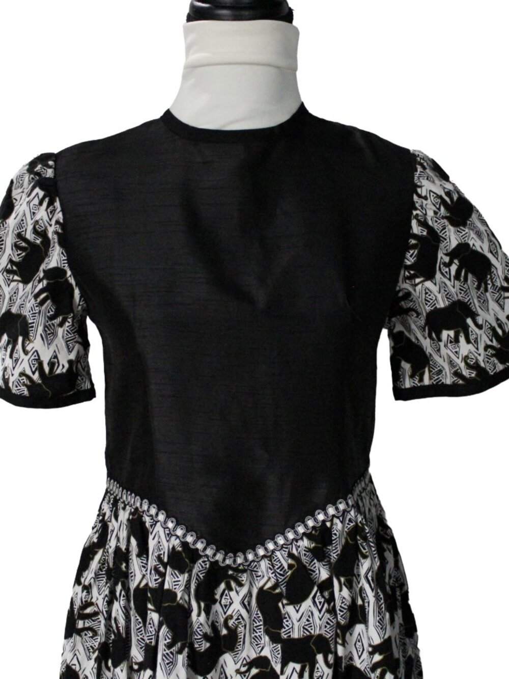 Vintage Handmade Black Gold Elephant Metallic Pinup Swing Dress S - Picture 4 of 8